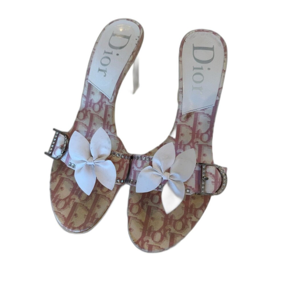 Dior Vintage Pink White Oblique Canvas Rhinestone Open Toe Heels Sandals EU 38